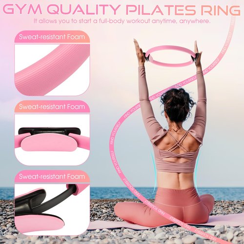 Arrowbash Set of 6 Style Pilates Home Equipment Set Pink Pilates Essential Kit Workout Accessories 14" Magic Circle, Mini Exercise Ball, Yoga Strap, Silicone Tension Strip, Tension Band, Sliding Plate