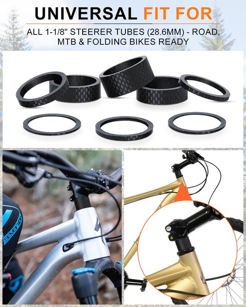 Cheimaxy 8PCS Carbon Fiber Headset Spacers, Matte Finish, Lightweight and Precision, Fits 1 1/8 Inch Stem for MTB, Road Handlebar Stems, 6 Sizes (1/2/3/5/10/15 mm)