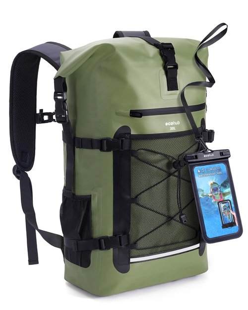 ECOHUB Waterproof Backpack for Women Men, 30L Roll-Top Closure Heavy Duty Dry Bag for Travel Kayaking Boating Hiking Floating with IPX8 Waterproof Phone Case (Green)