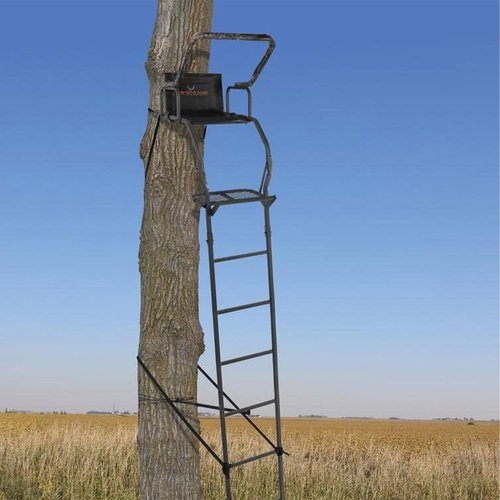 BIG GAME 1-Person Ladder Tree Stand for Hunting Deer, Flex-Tek Seat, 17' Tall, Black - Adjustable Climbing Treestand with Platform and Safety Harness for Shooting