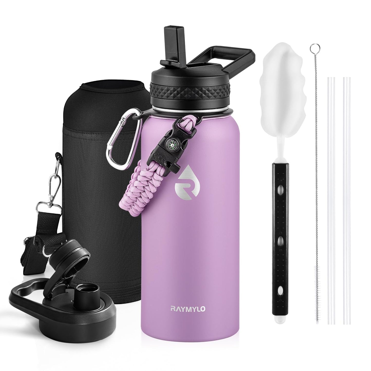 RAYMYLO Insulated Water Bottle 32 oz, Triple Wall Vacuum Stainless Steel (Cold for 24Hrs, Hot for 12Hrs), Leak Proof & Non-BPA, Modern Water Flask Jug with Paracord Handle & Straw Spout Lids