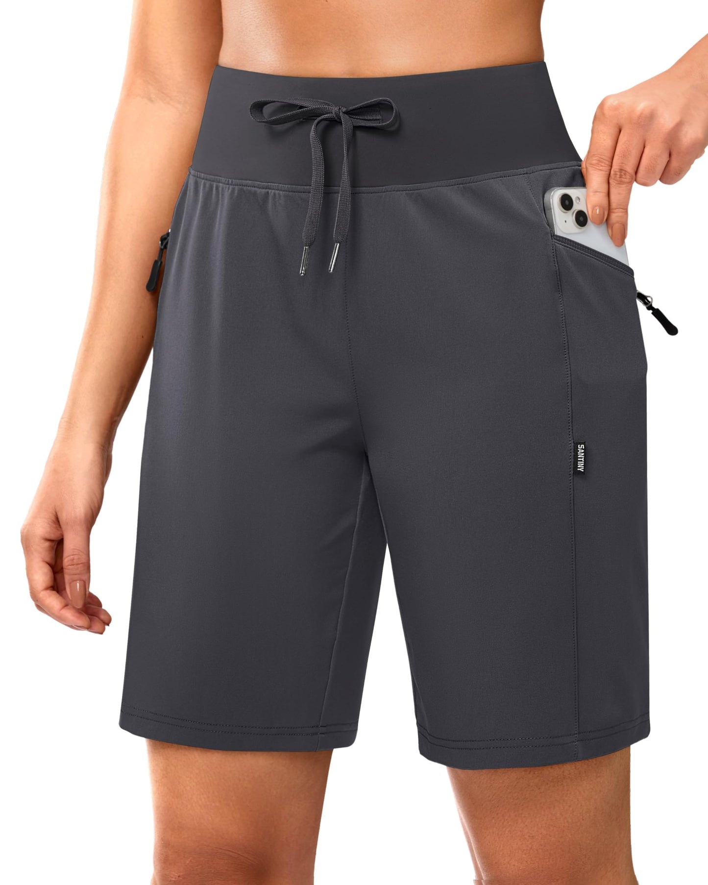 SANTINY Women's 9" Hiking Shorts with 3 Zipper Pockets Lightweight Quick Dry Long Shorts for Women Athletic Travel (Dark Grey_S)