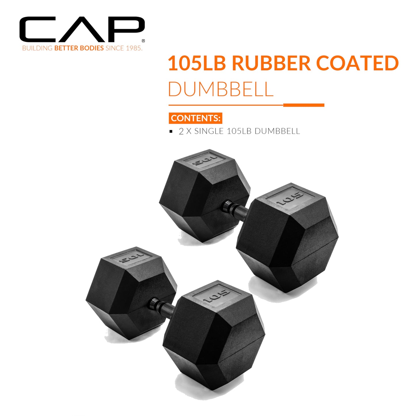 CAP 105 LB Rubber Coated Hex Dumbbell Weight, Rubber Free Weights for Home Gym Strength Training, Black Oxide Handle, Pair