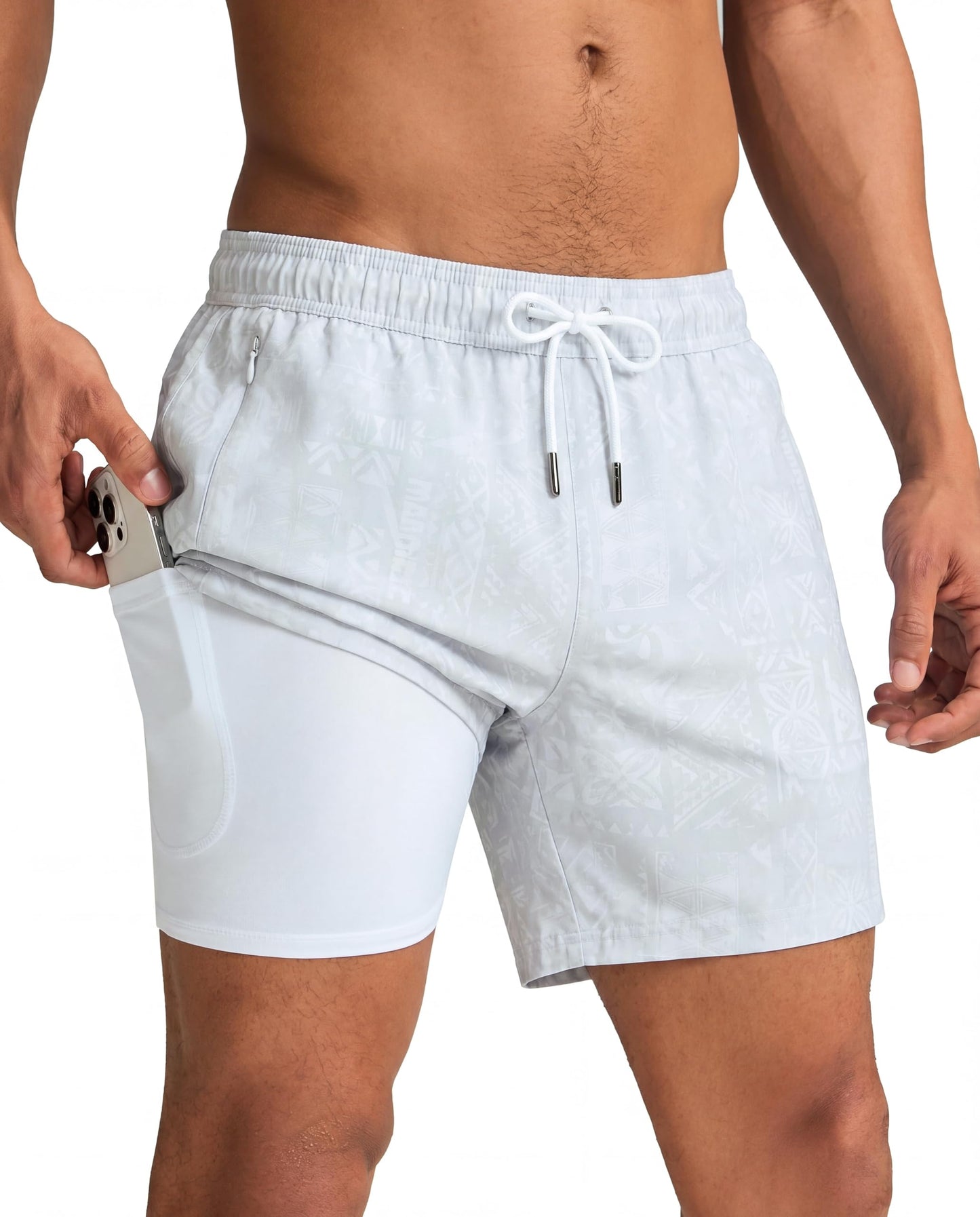 maamgic Mens Swim Trunks with Compression Liner 5 Inch, Quick Dry Bathing Suit with Zipper Pockets, Stretch No-Chafing Swim Shorts, Frost Marks X-Large