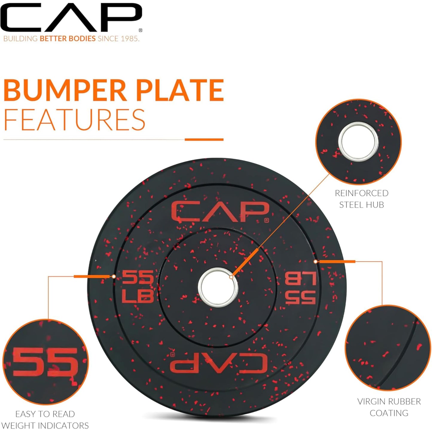 CAP 370 lb Economy Speckled Olympic Bumper Plate Set with Storage Rack, 2-Inch Olympic Plates, Medium Bounce Rubber Weight Plates with Steel Hub, 6 Weight Posts & 4 Barbell Holders for Weightlifting, Strength Training & Home Gym Workouts
