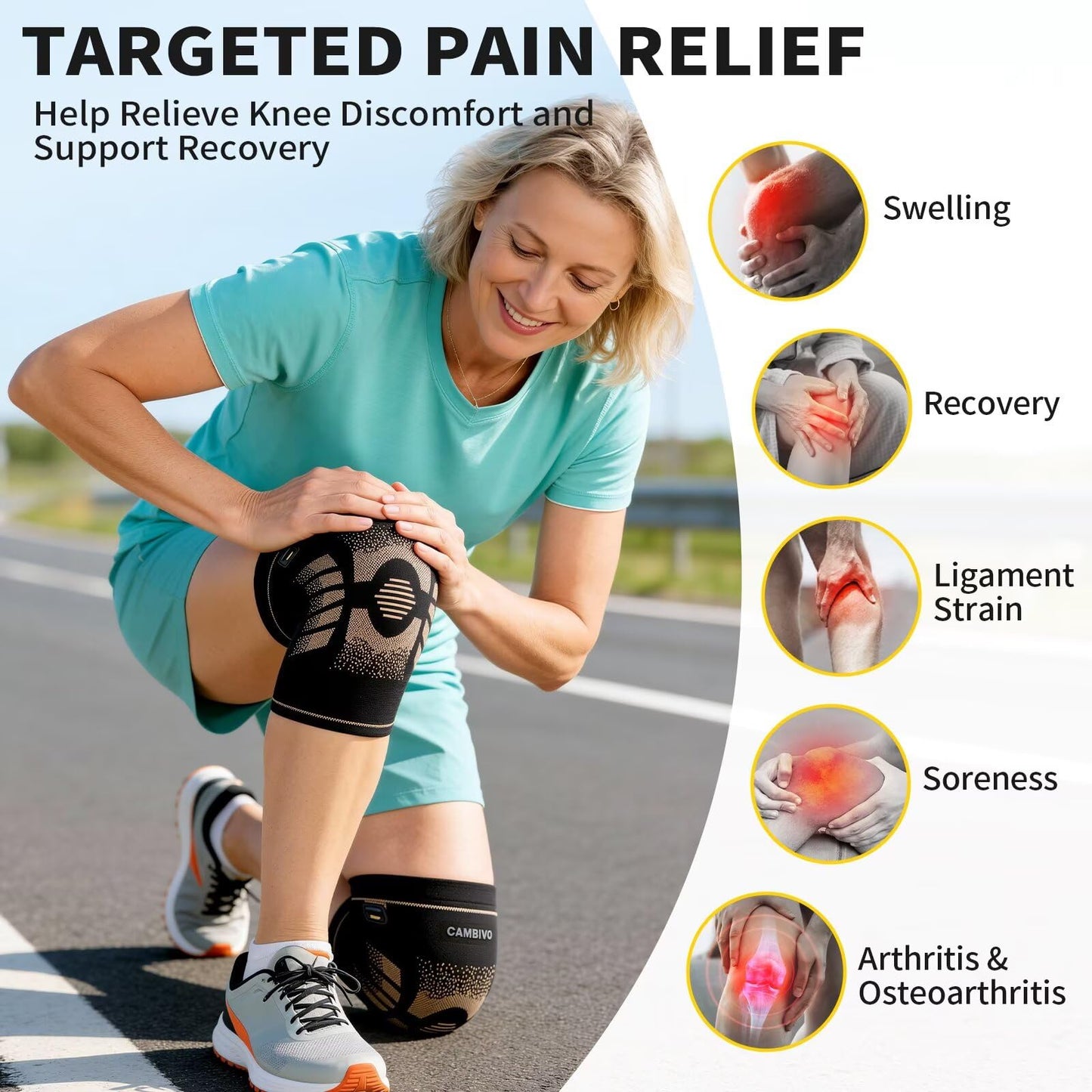 CAMBIVO 2 Pack Copper Knee Brace for Women & Men, Copper Infused Compression Knee Sleeve for Arthritis Pain Relief & Knee Support, Anti-Slip Design with Pull Tabs for Running, Gym, Daily Wear (Large)
