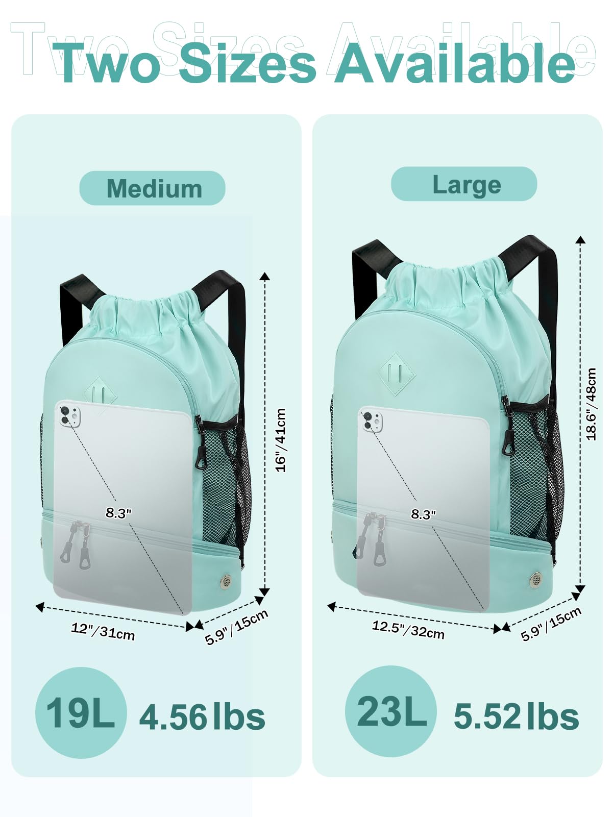 RHDZO Drawstring Backpack Gym Backpack with Shoe Compartment for Men Women String Sports Bag with Wet Pocket Cinch Swim Beach Bag, Large Mint Green
