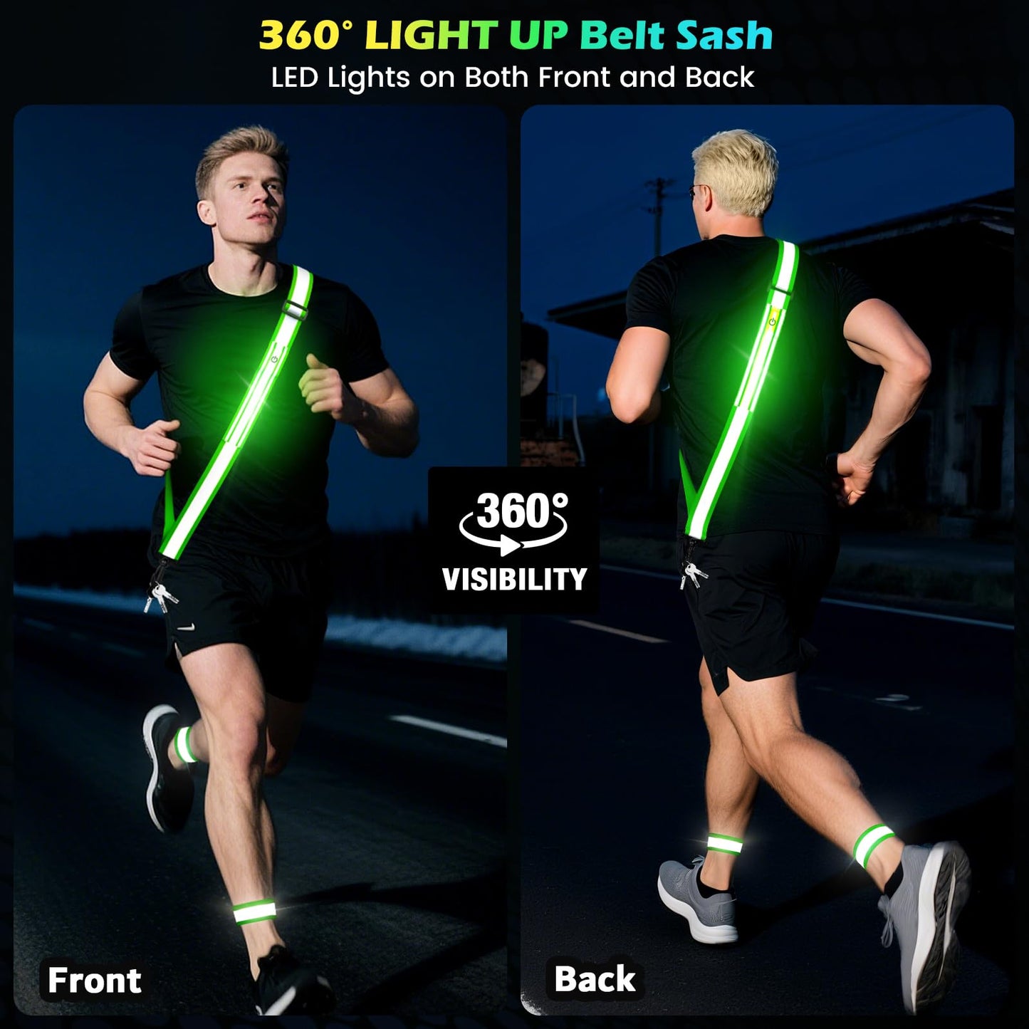 LED Reflective Running Gear High Visibility Reflective Belt Sash with Armband for Walking at Night,Adjustable Running Safety Gear Light Up Running Belt for Runners Walkers Men Women (Green)