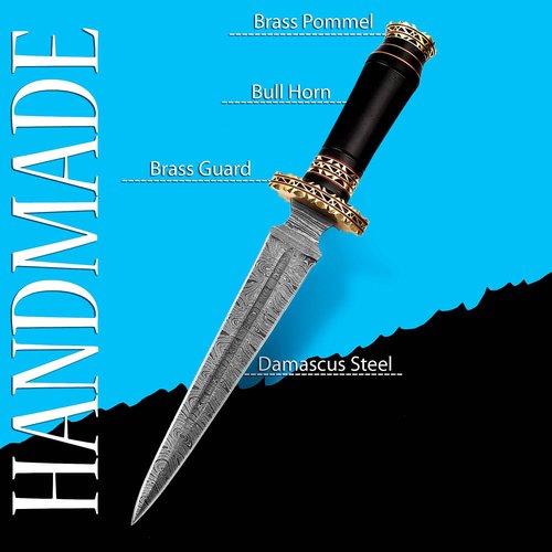 Handmade Damascus Steel Dagger Knife Set, 12.5" Fixed Blade, Camel Bone & Bull Horn Handle, Sharp Outdoor Hunting Knife with Sheath – Premium Quality (Black)