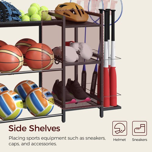 MAHANCRIS Sports Equipment Organizer, 3 Tier Ball Storage Rack with Baseball Bat Holder, Indoor & Outdoor Basketball Racks for Volleyball, Football, Garage Organizer with Sheleves, Black BEHR17301