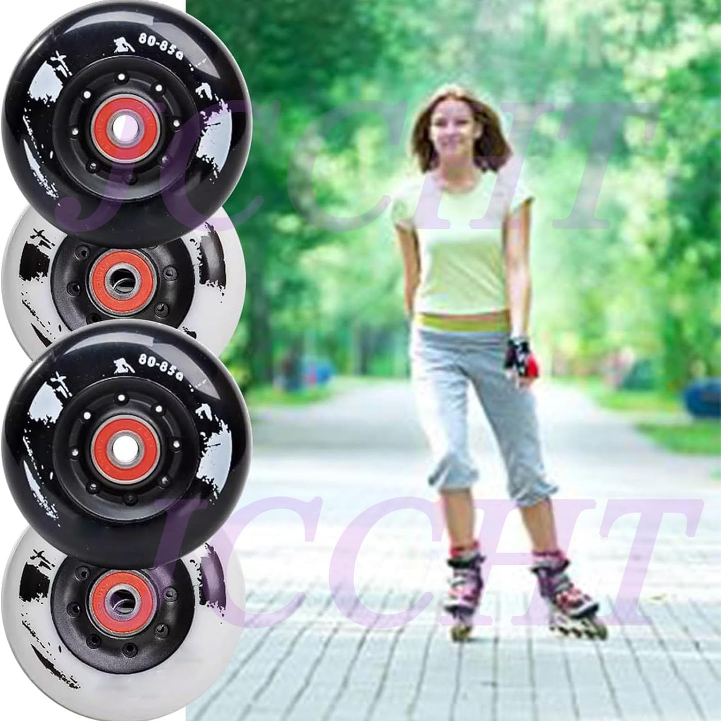 JCCHT 72mm/76mm/80mm 85A Inline Skate Wheels, Indoor Outdoor Roller Skate Wheels Replacement 8 Pack with Bearings,Black,80mm