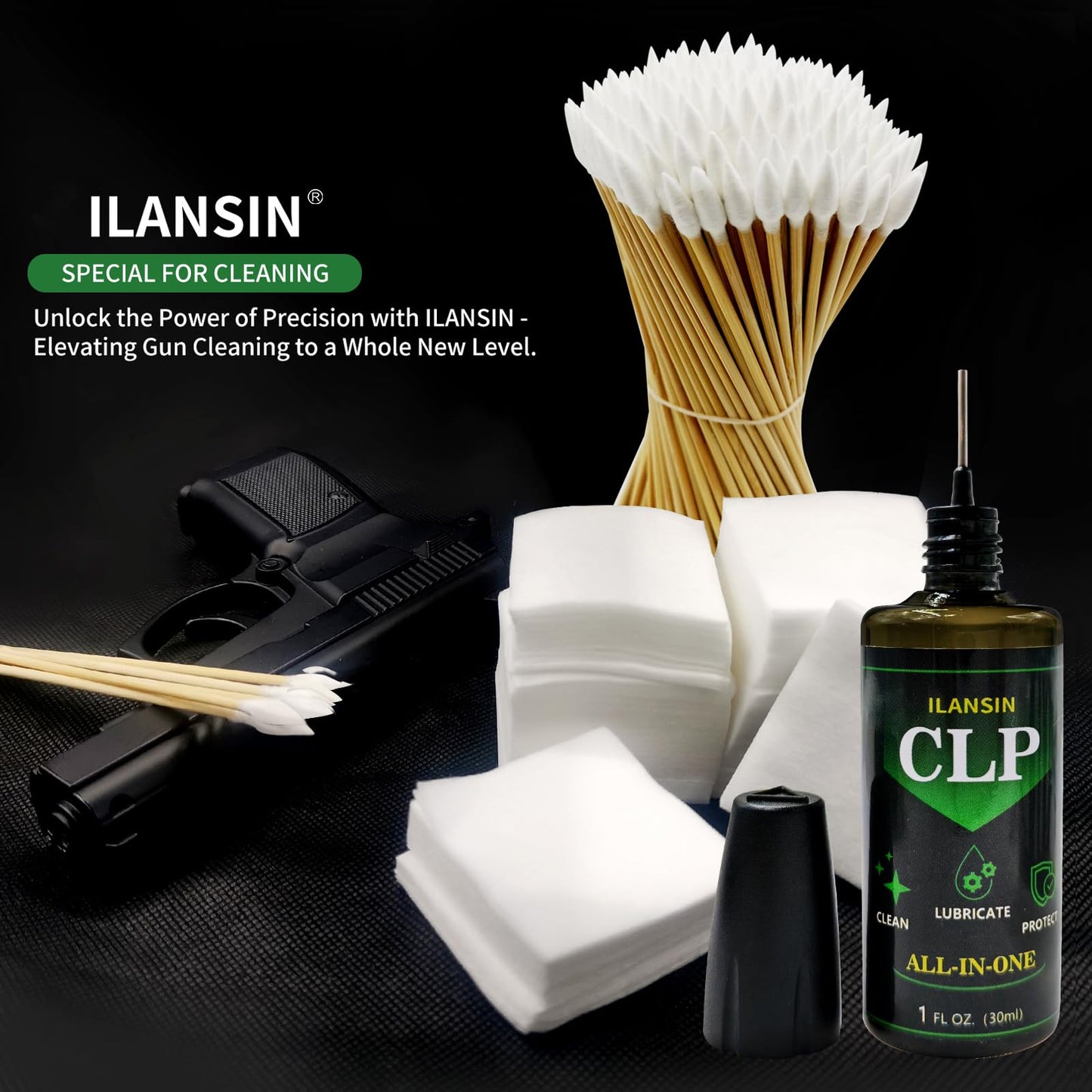 ILANSIN Gun Cleaning Patches+ Gun Cleaning Swabs+ CLP Oil, All in One Gun Lubrication,6" Long Cotton Swab,Lint Free Gun Cleaning Cloth, Fit All Caliber Firearms,Gun Cleaning Supplies Storage in Box