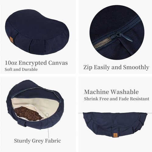 Crescent Zafu Meditation Pillow, 44 x 28 x 14 cm, Zabuton Yoga Bolster, Meditation Cushion, Floor Pouf, Yoga Pillow, Zippered Organic Cotton Cover, Natural Buckwheat, Kneeling Pillow Large-Navy Blue