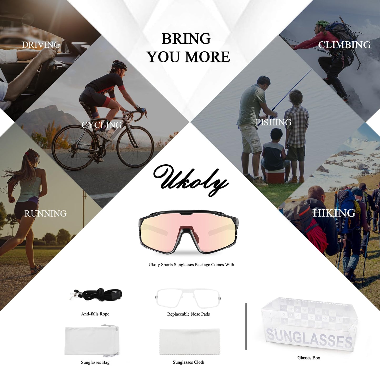 Ukoly Photochromic Cycling Glasses For Men Women, Sports Sunglasses For Baseball Running Cycling HD Lens UV400 Protection 628 (HD Photochromic Red)