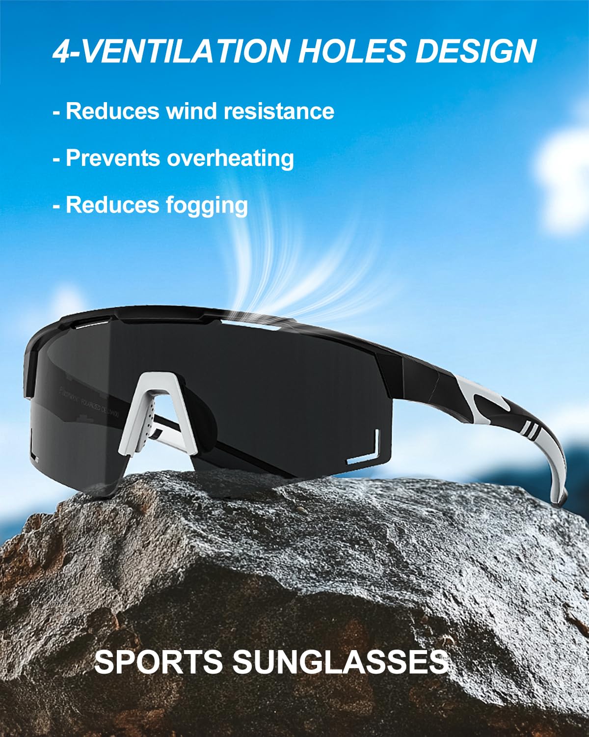 Pluxmooc Men's Polarized Sports Sunglasses, UV400 Wrap Around Cycling Glasses for Men, Anti-Fog Lightweight Sun Glasses for Running Fishing Baseball Softball Bike (Black)