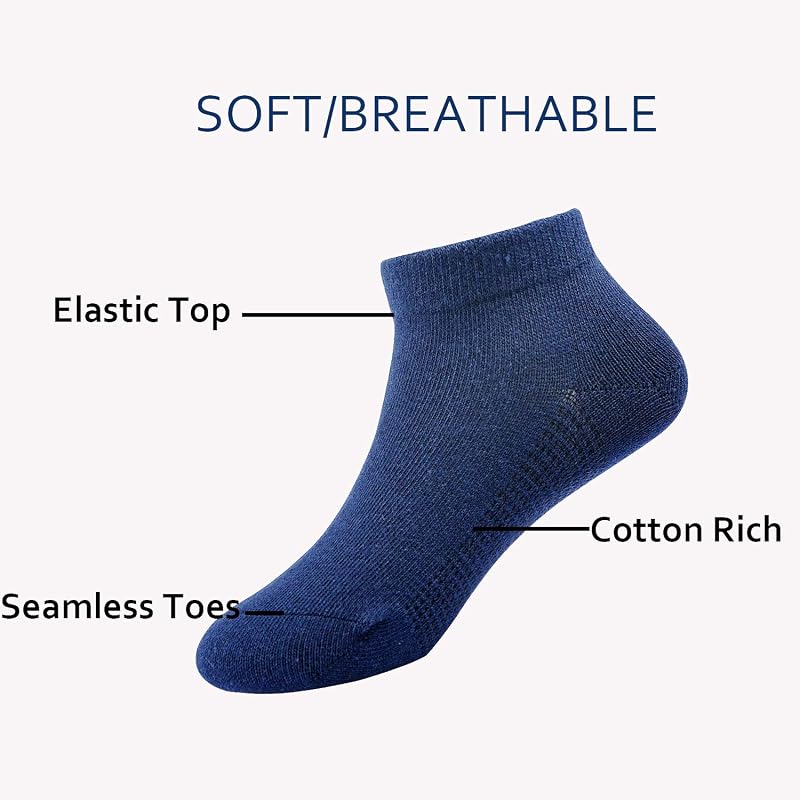 Navy 6 Pack Kids Seamless Ankle Socks - Low Cut No Show Cotton Athletic Socks