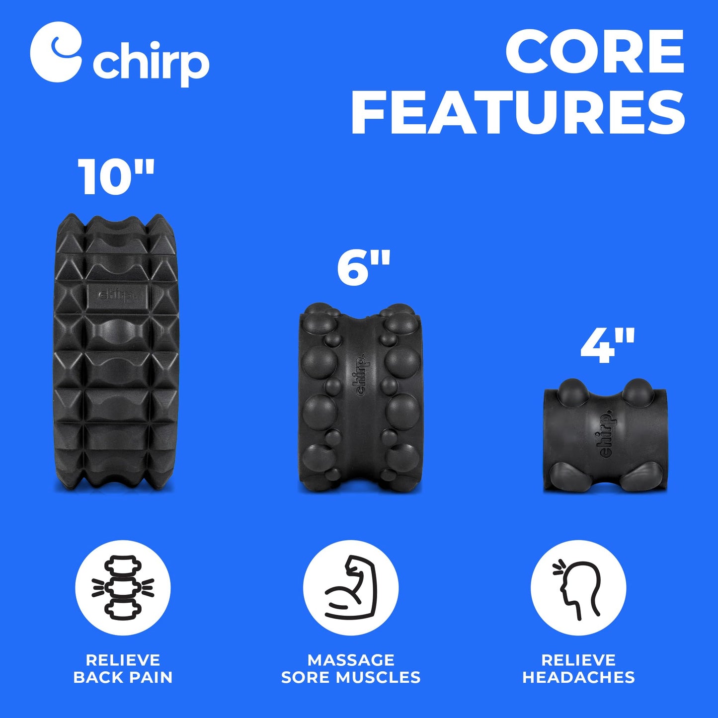 Chirp Wheel XR 3-Pack Foam Roller Set, Back & Neck Pain, 10/6/4" Mint