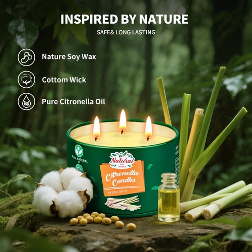 Citronella Candles Outdoor, Large 3-Wick Outdoor Candles for Patio Garden (14OZ Each), Nature Soy Wax Lemomgrass Outside Candle, Long Lasting Decorative Summer Candle for Camping, Backyard