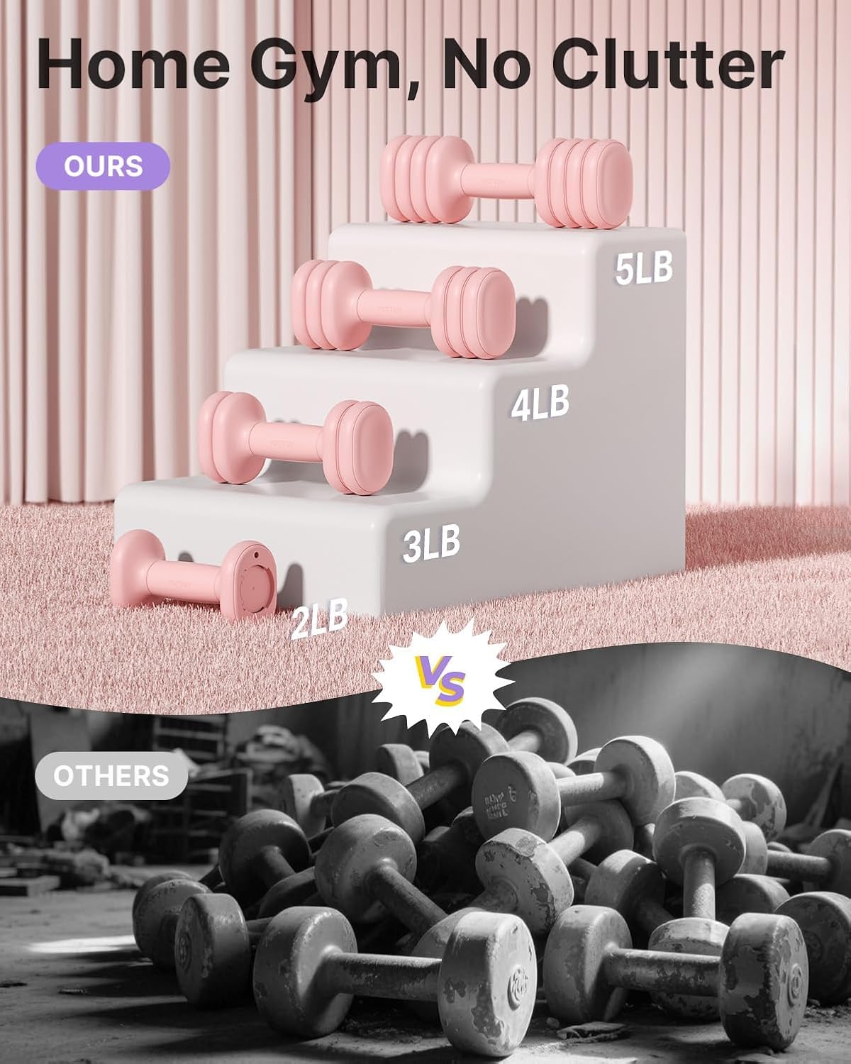 YOTTOY Adjustable Dumbbell Set of 2, 4-in-1 Hand Weights for Women at Home, Compact Free Weights Dumbbells Set with Soft Grip and Base, 2-5 lbs Each for Home Gym (Pink)