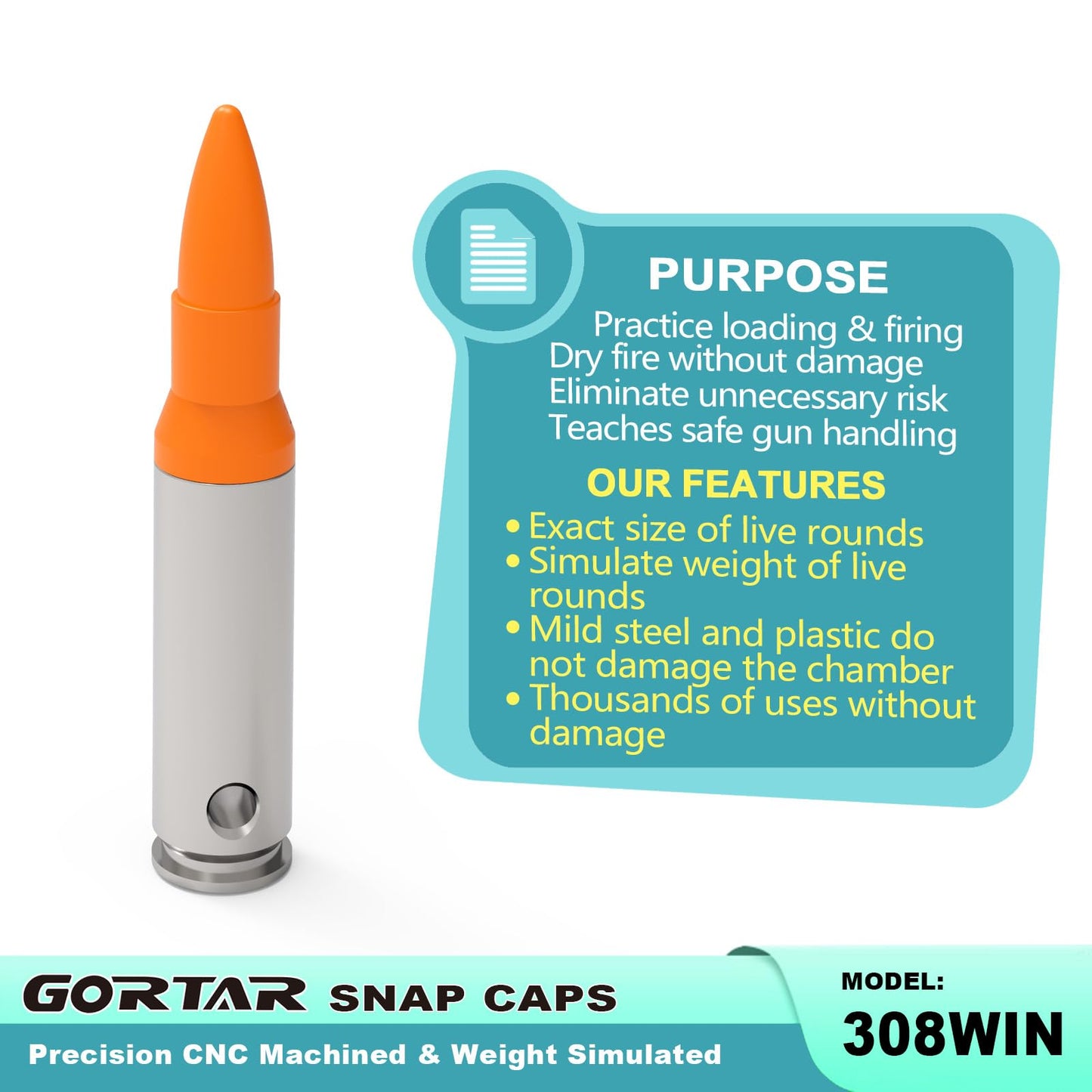 GORTAR 308Win Snap Caps Training Dummy Rounds Practice Safe Loading Firing Close to Real Weight -6 Pcs