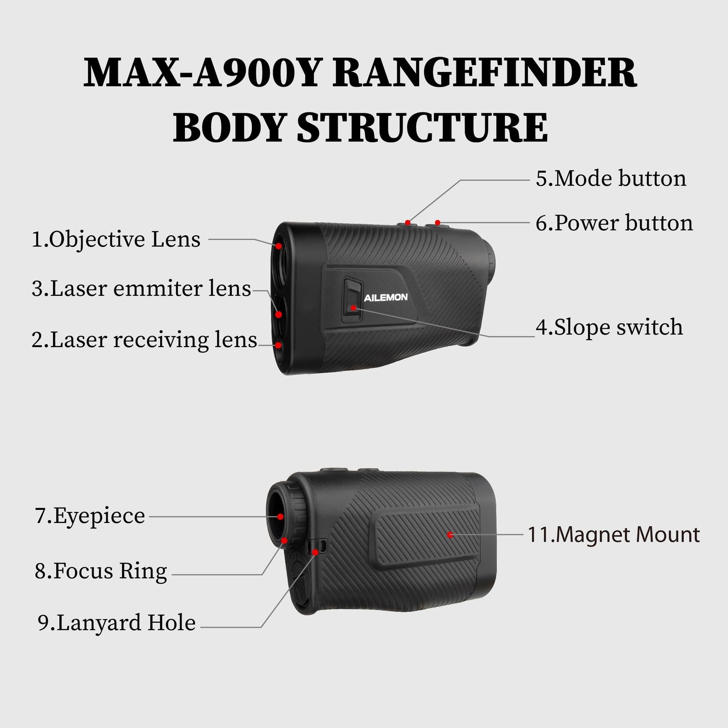 AILEMON Golf Rangefinder with Slope Switch, Flag Pole Locking with Pulse Vibration, 6X Magnification Laser Range Finder Golfing & Hunting, 900 Yards Rangefinders with Magnet Stripe (Black)