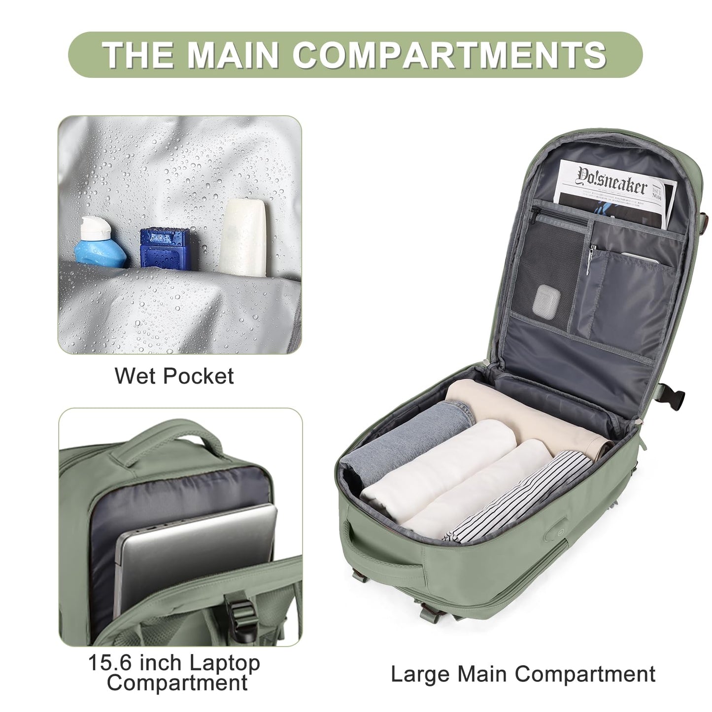 coofay Travel Backpack For Women Men Airline Approved Carry On Backpack Flight Approved Waterproof Sports Luggage Backpack Casual Daypack Small Hiking Backpack Grey Green