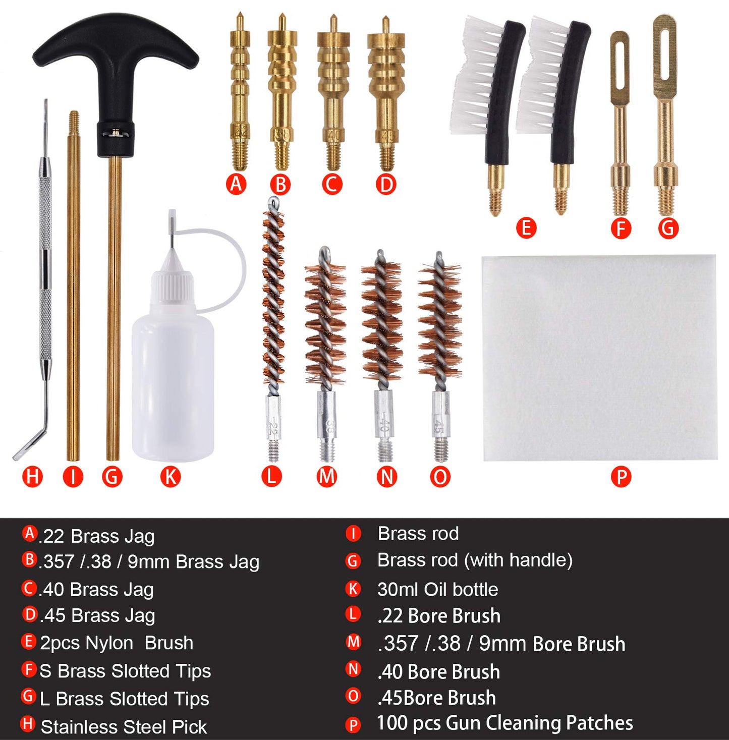 APCHYWELL 18 PCS Handgun Cleaning Kit for.22 .9mm/.357/.38/ .40 .45 Caliber Pistol with Bronze Bore Brush, Brass Jag Adapter, Empty Bottle, Nylon Brushes