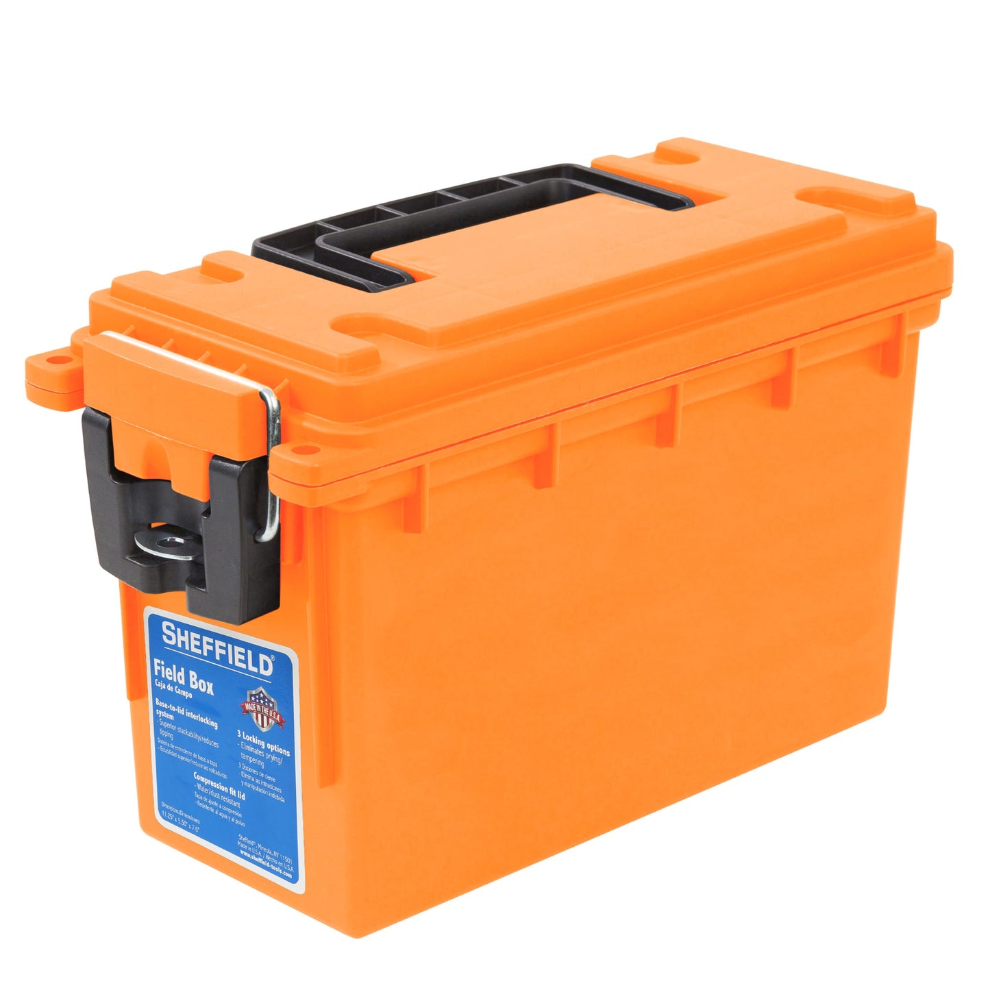Sheffield 12630 Ammo Storage Box, Stackable .30 Cal Field Boxes, Water and Dust Resistant, Lockable Storage Box with Handle, Secures Hunting Gear, Supplies, and Bullets, Made in USA, Orange, 1-Pack
