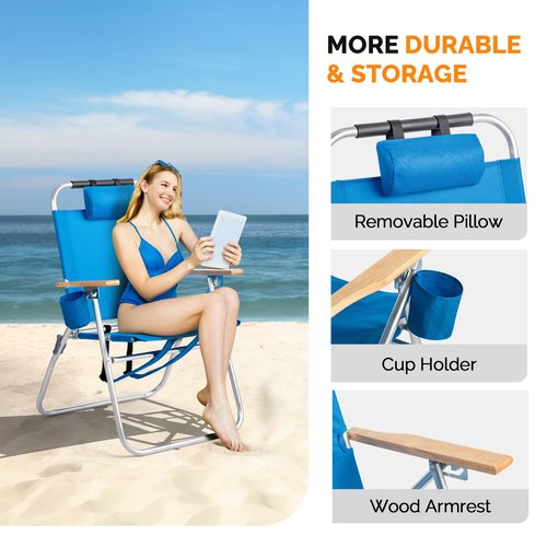 VINGLI Aluminum Backpack Beach Chair – Tall Beach Chairs for Adults, Portable with Adjustable Straps, 3-Position Reclining, Cup Holder, High Lightweight Beach Chairs for Beach (Blue, 17" High)