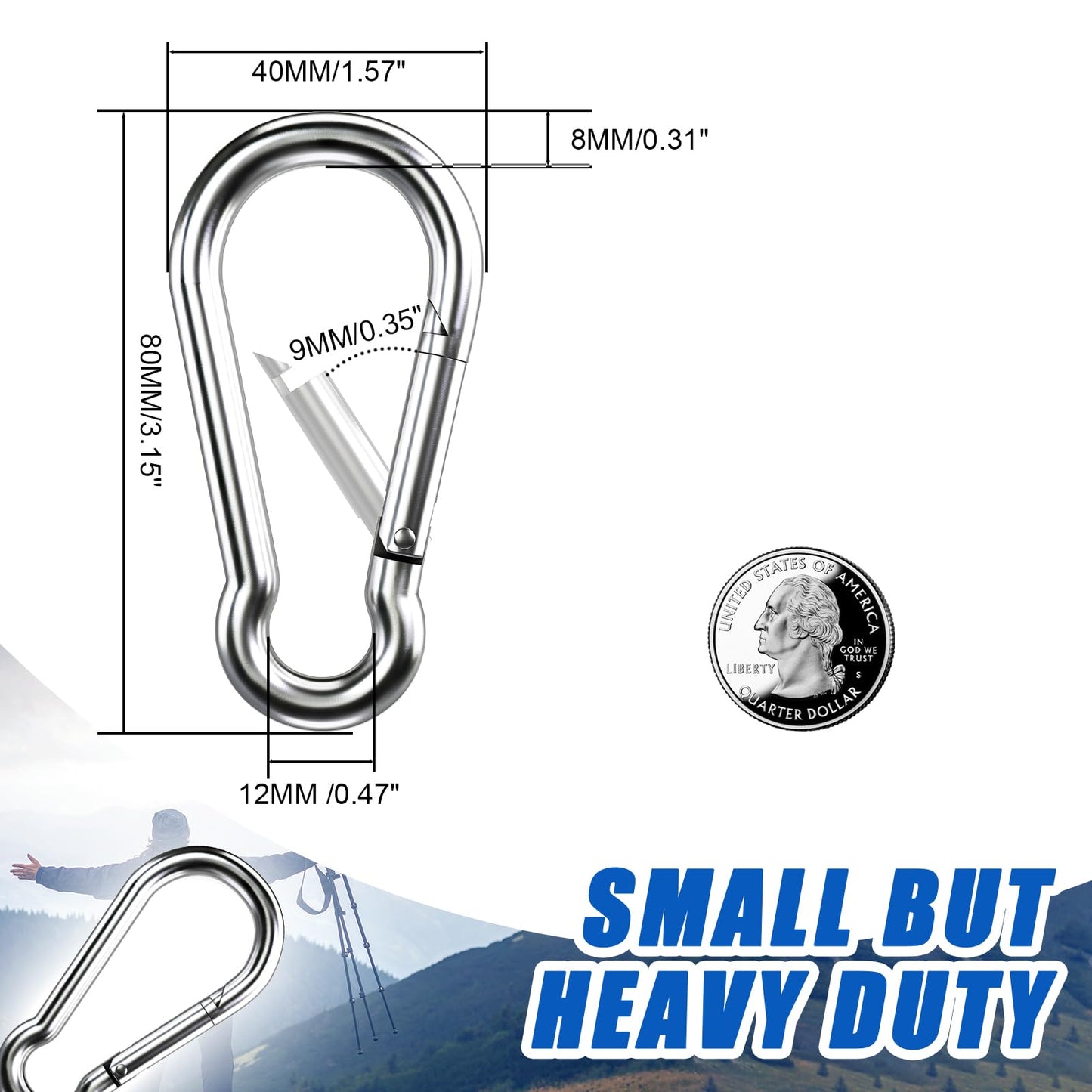 Carabiner Clip Hooks, 15pcs 3.15 inch Carabiners Heavy Duty, 304 Stainless Steel Spring Snap Hook Fits Camping Hiking, Metal Clips for Rope Chain Keys Rings
