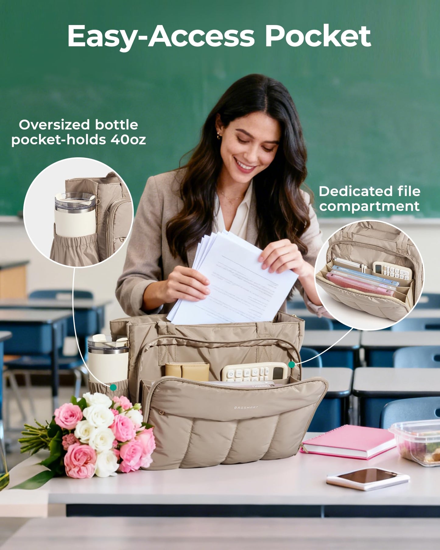 BAGSMART Laptop Tote Bag, Lunch Tote Work Bag with Lunchbox Compartment, Large Puffer Teacher Nurse Tote Large Shoulder