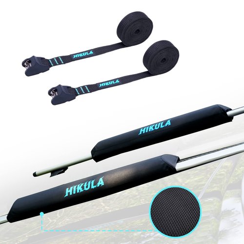 HIKULA 28" Soft Aero Roof Rack Pads for Various Crossbars with Two 15' Premium Scratch Resistant Silicone Buckle Tie Down Straps for SUPs, Surfboards, Kayaks, Canoes Includes Storage Bag