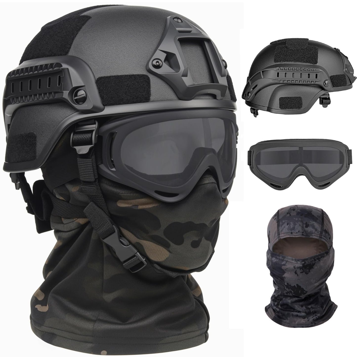 VPZENAR Tactical Airsoft Helmet, Black MICH Helmet with Ear Protection,Paintball Goggles and Balaclava Mask,Military Gear and Equipment