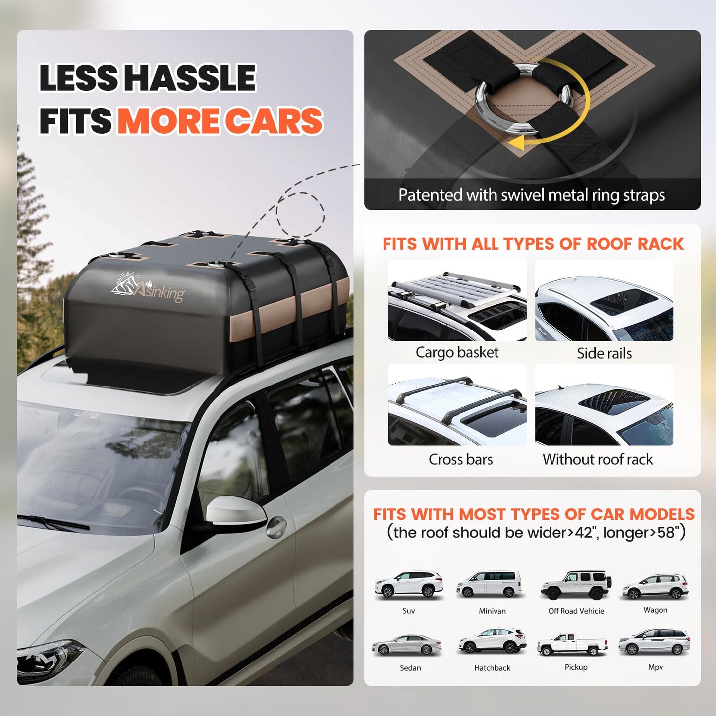 Asinking Car Rooftop Cargo Carrier Bag, 21 Cubic Feet Waterproof Roof Cargo Bag for SUV Minivan, Fit Vehicles with/Without Roof Rack, Sidebars & Crossbars - Max Size 52" L 40" Wx 18" H
