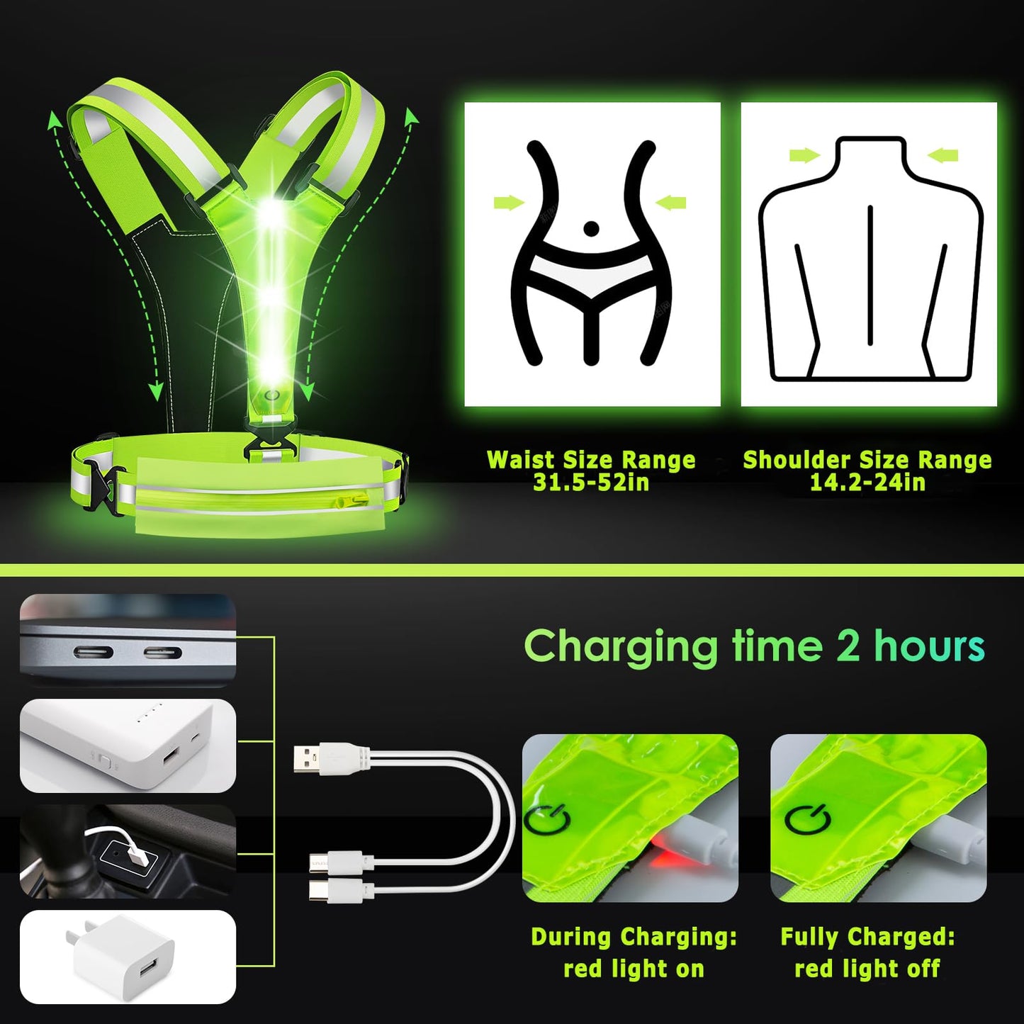 LOYAL SEA LED Reflective Light Up Safety Running Vest for Biking Walking at Night, High Visible Adjustable Running Light for Runners Rechargeable with Pouch, Reflective Running Belt Gear for Women