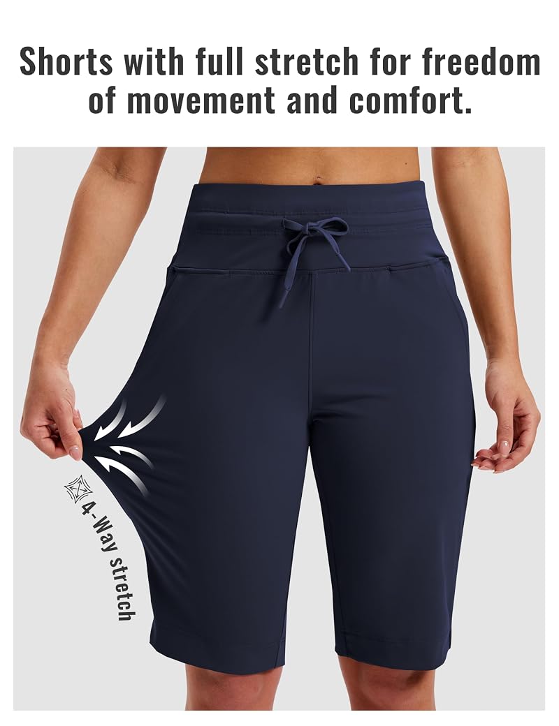 MoFiz Navy Blue 12'' Bermuda Running Shorts with 2 Zipper Pockets – High Rise, Large