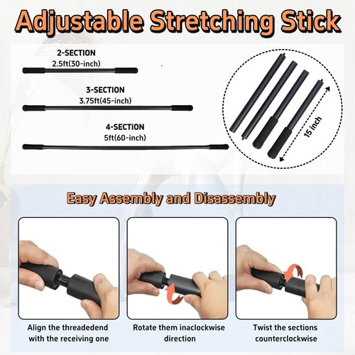 AmoreTempo Yoga Stick for Mobility, 5ft Adjustable Stretching Stick with 4 Steel Rods & Foam Grip Handles Stainless Steel Exercise Stick for Fitness, Physical Therapy, Balance Pole, Posture Correction