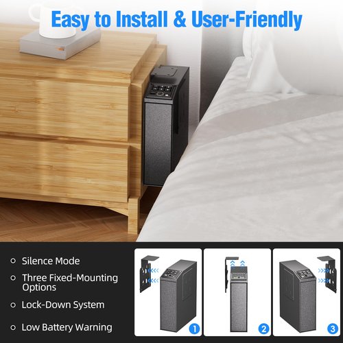 UEAKPIC Mounted Gun Safe for Handgun with Quick Access Sliding Door, Biometric Nightstand Pistol Lock Box with Security Fingerprint, Key Access, PIN Code for Car, Bedroom, Desk and Walls