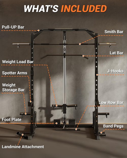 Smith Machine with LAT Pulldown Machine, Multi-Functional Power Cage with Full Body Training Attachments, Heavy Duty Squat Rack for Home Gym Strength Training