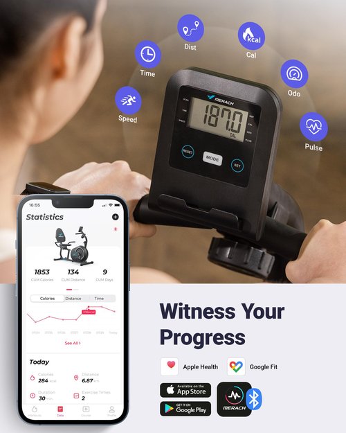 MERACH Recumbent Exercise Bike for Home with Smart Bluetooth and Exclusive App Connectivity, LCD, Heart Rate Handle, S08 Magnetic Recumbent Bikes, Black