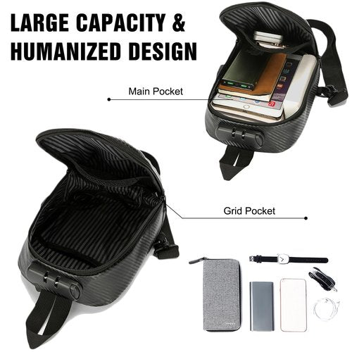 FANDARE Anti-Theft Sling Bag Men's Chest Pack Waterproof EVA Crossbody Bags with USB Shoulder bag Outdoor Travel Body bag One-strap backpack Personal Flex Bag for Hiking Cycling Daypack Black