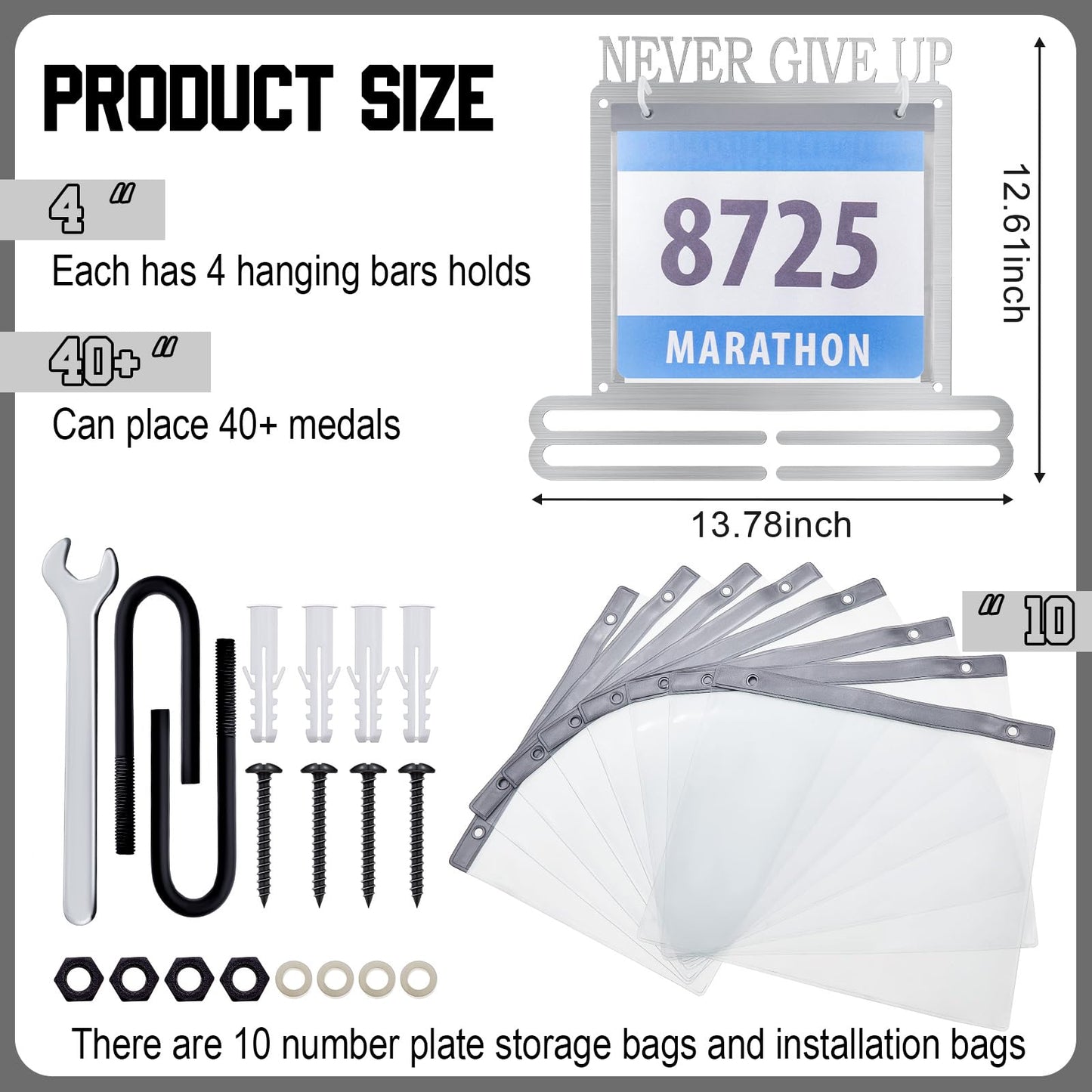 Moxweyeni Race Medal and Bib Display Medal Hanger Running Bib Holder Wall Mounted Hanging Rack stands Gifts for Runners(Silver,13.78 x 12.6 Inch,Groovy)