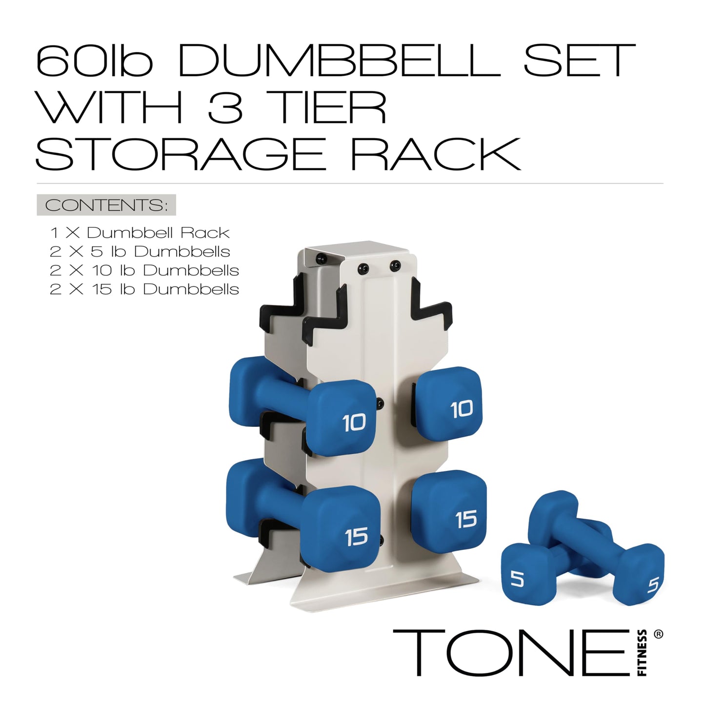 Tone Fitness 60 LB Neoprene Dumbbell Set with Storage Rack – Non-Slip, Anti-Roll Hand Weights for Home Gym Workouts | Light Gray Rack and Blue Dumbbells