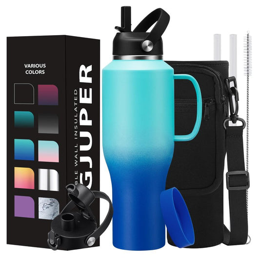40 oz Insulated Water-Bottle that fits in Cup Holder - Cold 48h/Hot 24h, Stainless Steel Tumblers with Lids and Straws & Bottle Sleeve, Leak Proof Metal Flask Cup, Travel Coffee Tumbler with Handle