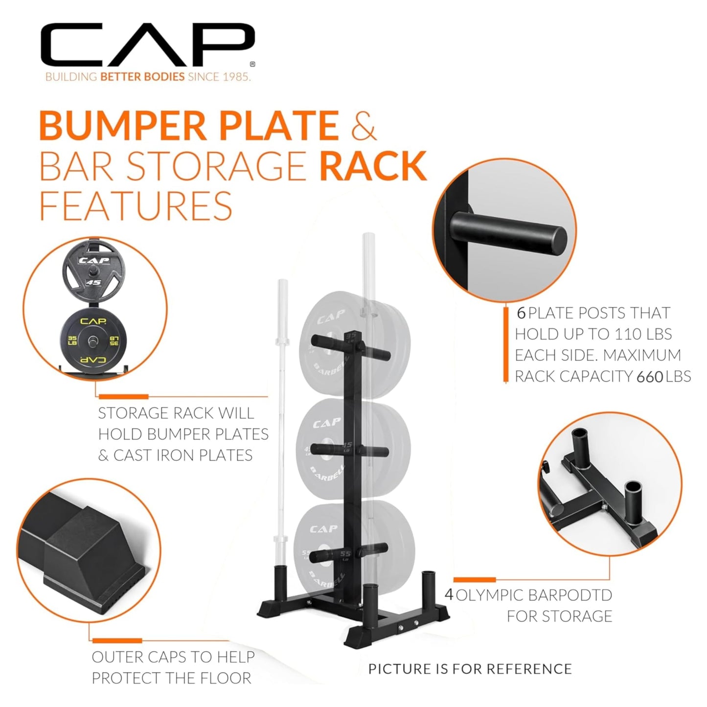 CAP 370 lb Economy Speckled Olympic Bumper Plate Set with Storage Rack, 2-Inch Olympic Plates, Medium Bounce Rubber Weight Plates with Steel Hub, 6 Weight Posts & 4 Barbell Holders for Weightlifting, Strength Training & Home Gym Workouts