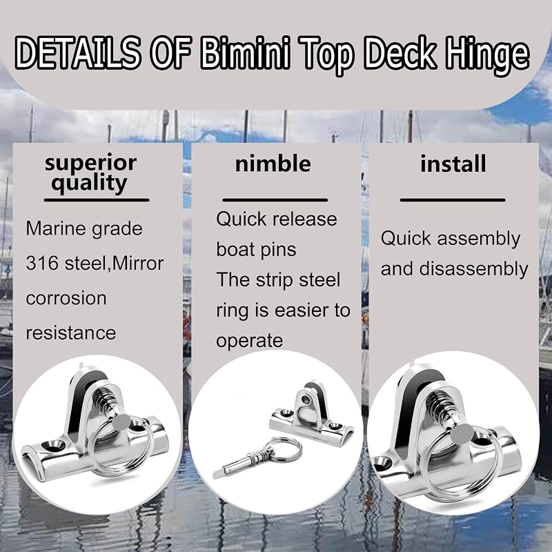 316 Stainless Deck Hinge with Quick Release Pins for Bimini Top (2 Pack)