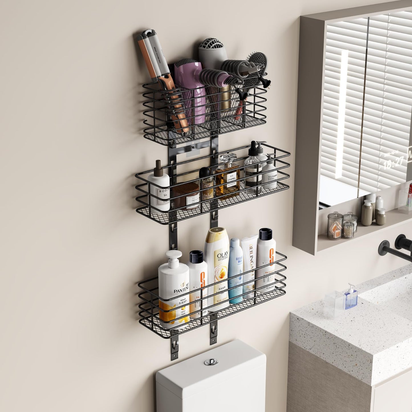 Yuyetuyo 5-Tier Over The Door Organizer Bathroom - Hair Dryer Holder - Hair Tool Organizer Adjustable Height, DIY Bathroom Storage Shelf Wall Mounted for Flat/Curling Irons, Straighteners, Skincare