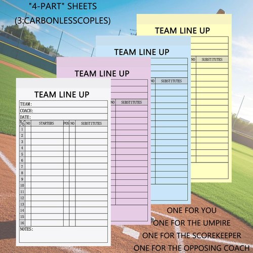 XUEJITECH 30 Sets Baseball/Softball Lineup Cards, 4-Part Carbonless Copies with Tearing Line, 30 Games with 16 Player Roster Lineup Sheet for Coaches, Team, Sports
