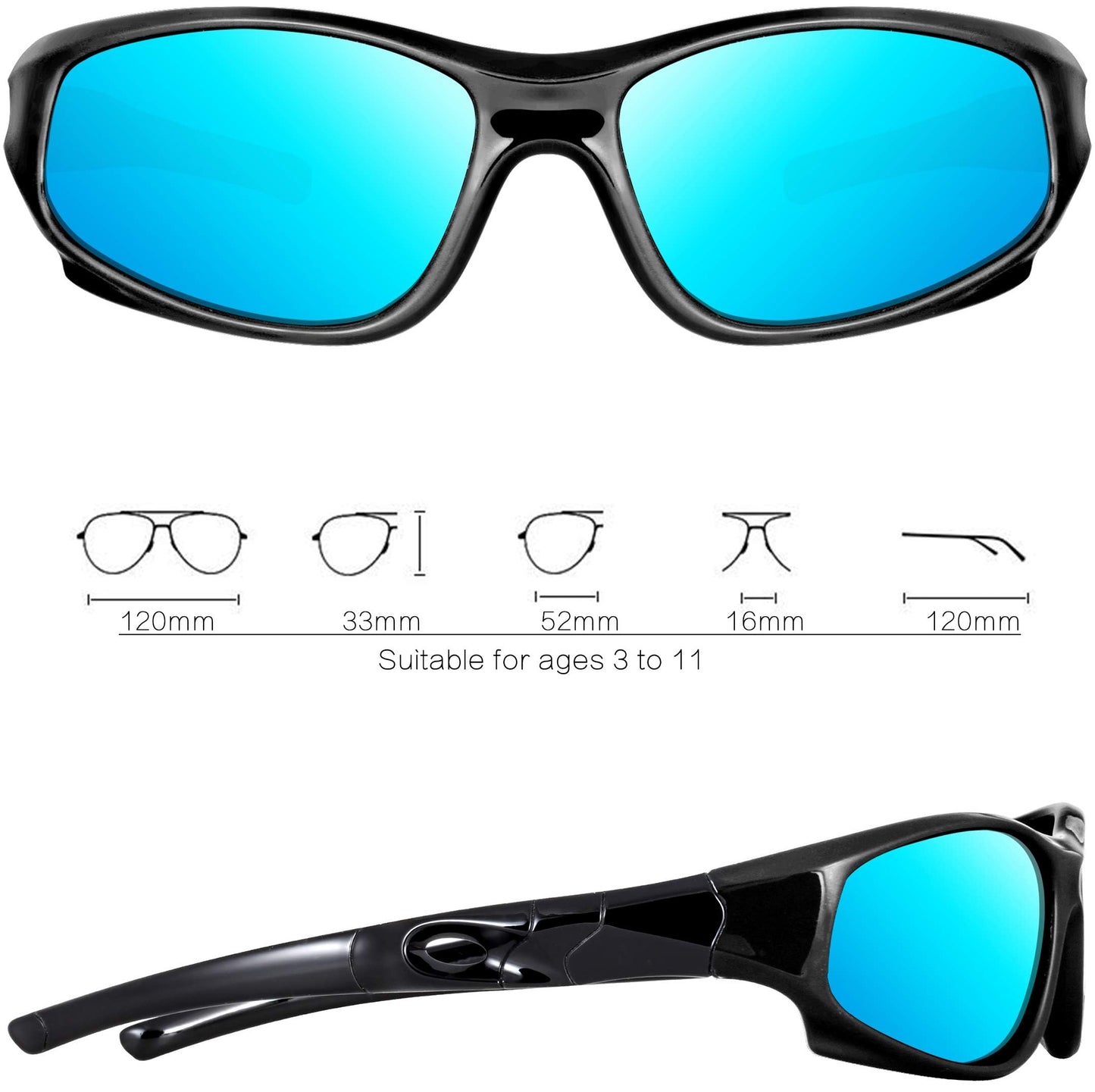 ATTCL Unbreakable Polarized Kids Sunglasses: UV Protection TR90 Ultra-Light Sports Sun Glasses for Boys Girls Age 4-11 shades 5025 black-blue-lens