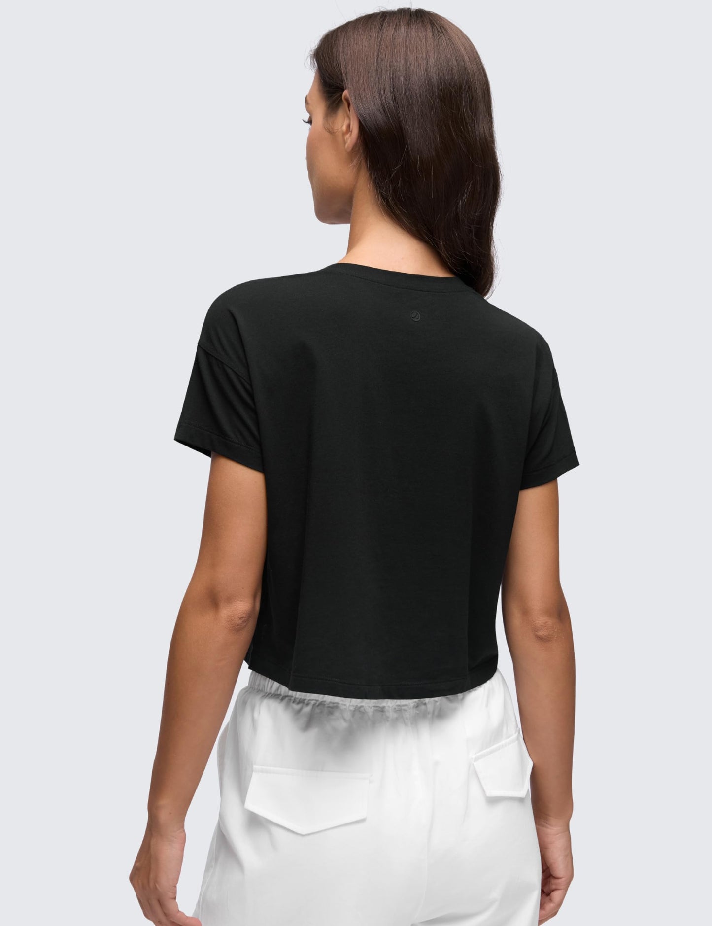CRZ YOGA Pima Cotton Relaxed Crop T-Shirts for Women - Workout Athletic Gym Casual Short Sleeve Shirts Loose Crewneck Tops Black Medium